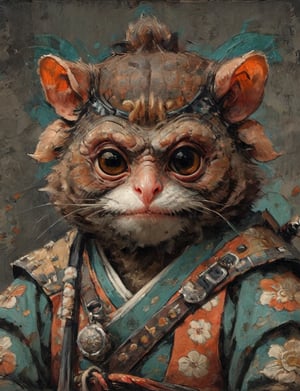 (close up, head and shoulders portrait:1.3), anthromorphic ( tarsier :1.6), oni_horns, samurai , samurai armor , brown, tangerine, teal , white and black color scheme , (dark background:1.2), Ukiyo-e,ink,colorful,shogun