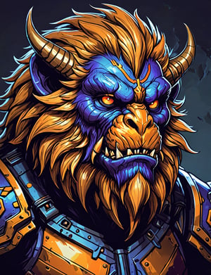 (close up, head and shoulders portrait:1.3), gold and orange gradient , (anthromorphic yeti manticore :1.6), wearing blue and violet sci-fi polycarbonate armor, (strong outline sketch style:1.5), gritty fantasy, (darkest dungeon art style :1.4), dark muted background, detailed