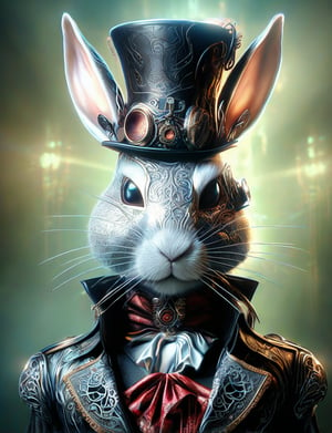 (head and shoulders portrait:1.2), (anthropomorphic rabbit :1.3) as vampire , zorro mask, top hat , holographic glowing eyes, wearing steampunk armor outfit , (outline sketch style:1.5), surreal fantasy, close-up view, chiaroscuro lighting, no frame, hard light, in the style of esao andrews, DonM3lv3nM4g1cXL