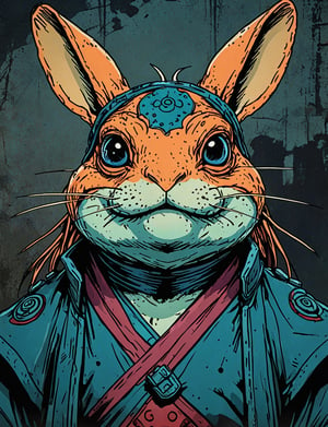 (close up, head and shoulders portrait:1.5), orange, teal, blue, violet gradient , (anthromorphic rabbit toad :1.5), samurai, wearing samurai armor, (strong outline sketch style:1.5), symmetrical features, gritty fantasy, (darkest dungeon art style :1.4), dark muted background, detailed,one_piece_wano_style,Dark Manga of