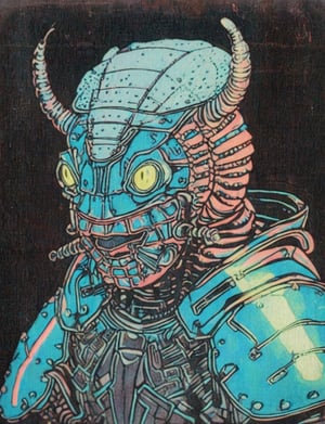 (head and shoulders portrait:1.2), (anthropomorphic isopod :1.3) as a warrior, zorro mask, holographic glowing eyes, wearing sci-fi outfit , surreal fantasy, close-up view, chiaroscuro lighting, no frame, hard light,Ukiyo-e