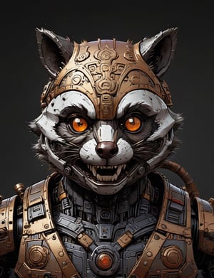 A male, a (robot raccoon oni :3), face made of metal, precious jewels, dark interior sci-fi background, head and shoulders portrait , flat 2.5d art, cell shading , hyper-detailed comic book art style , illustration style, art by Darius Puia BakaArts, symmetry , sci-fi interior setting ,comic book