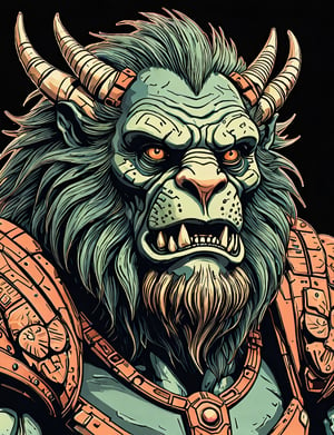 (close up, head and shoulders portrait:1.5), An extremely detailed 1970s retro-future anthropomorphic (troll :1.2) (manticore :1.4) robot, centered, (strong outline sketch style:1.5), (flat silkscreen art style:1.9), (solid dark background:1.2), (retro color scheme), masterpiece, epic, by pascal blanche rutkowski repin artstation painting concept art of detailed character design matte painting, 4 k resolution blade runner, dark muted background, detailed, comic book,dcas_lora