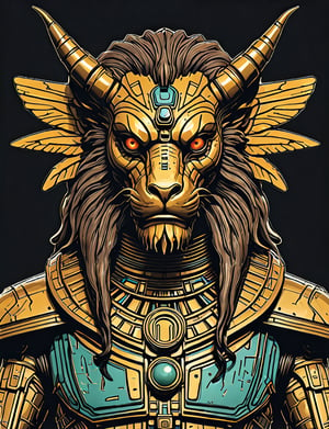 (close up, head and shoulders portrait:1.5), An extremely detailed 1970s retro-future anthropomorphic (pharaoh :1.2) (manticore :1.4) robot, centered, (strong outline sketch style:1.5), (flat silkscreen art style:1.9), (solid dark background:1.2), (retro color scheme), masterpiece, epic, by pascal blanche rutkowski repin artstation painting concept art of detailed character design matte painting, 4 k resolution blade runner, dark muted background, detailed, comic book,dcas_lora