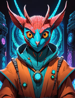 head and shoulders portrait, flat 2d illustration style, (1male:3), anthropomorphic sci-fi , orange, teal, green, violet, yellow and blue (orange skin colugo :2.3) (cyber dragon:1.8) , wearing power armor, cyberpunk, tarot card, 4K UHD, studio ghibli style, high-tech, , nocturne, breakdomain, portraitart, portrait art style, neon hieroglyphs 