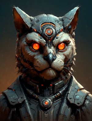 (close up, head and shoulders portrait:1.3), anthromorphic, High tech cybernetic (owl:1.2) (sphinx:1.7), multi Eyes,Glowing mechanical eyes, high-tech cybernetic body, futuristic power armor, bounty hunter ,xl_cpscavred,mad-cyberspace,cyberpunk