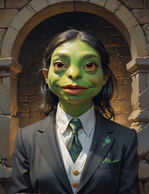 creative magic creature art, creature fusion ( kermit :1.6) (dragon :1.8), female, eyelashes, (bioluminescence :2), wearing business suit, glowing eyes, head and shoulders portrait , hyper-detailed oil painting, art by Greg Rutkowski and (Norman Rockwell:1.5) , illustration style, symmetry , inside a medieval dungeon, cracked stone walls , huayu