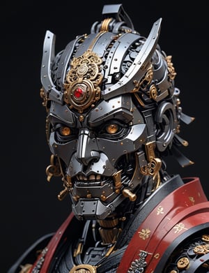 A male, a (robot samurai :3), face made of metal, precious jewels, dark background, head and shoulders portrait , flat 2.5d art, cell shading , hyper-detailed comic book art style , illustration style, art by Darius Puia BakaArts, symmetry , sci-fi interior setting 