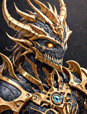 (head and shoulders portrait:1.2), a Warforged dragon  , sentient construct of gleaming gold and black metal and gears, is dressed in intricately detailed armor. dark background , Inspired by the art of Destiny 2 and the style of Guardians of the Galaxy,art_booster