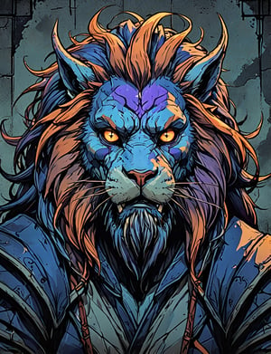 (close up, head and shoulders portrait:1.5), violet, orange, blue gradient ,(anthropomorphic manticore with long beard :1.5), (angular shapes:1.7), samurai, wearing samurai armor, (strong outline sketch style:1.5), symmetrical features, gritty fantasy, (darkest dungeon art style :1.4), dark muted background, detailed, Dark Manga of,Dark Anime of,comic book