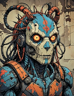 (close up, head and shoulders portrait:1.5), red, orange, blue gradient ,(anthropomorphic centipede manticore biomechanical robot :1.5), (angular shapes:1.7), samurai, wearing samurai armor, (strong outline sketch style:1.5), symmetrical features, gritty fantasy, (darkest dungeon art style :1.4), dark muted background, detailed, Dark Manga of,Dark Anime of,Comic Book-Style 2d