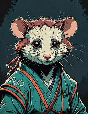 (close up, head and shoulders portrait:1.5), red, orange, green, teal, aqua, blue, violet gradient ,(anthromorphic opossum :1.5), samurai, wearing samurai armor, (strong outline sketch style:1.5), symmetrical features, gritty fantasy, (darkest dungeon art style :1.4), dark muted background, detailed, one_piece_wano_style, Dark Manga of,anime screencap,Dark Anime of