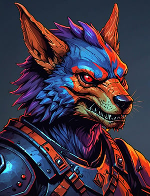 (close up, head and shoulders portrait:1.3), red and orange gradient , (anthromorphic cyclops jackal manticore :1.6), wearing blue and violet sci-fi polycarbonate armor, (strong outline sketch style:1.5), gritty fantasy, (darkest dungeon art style :1.4), dark muted background, detailed