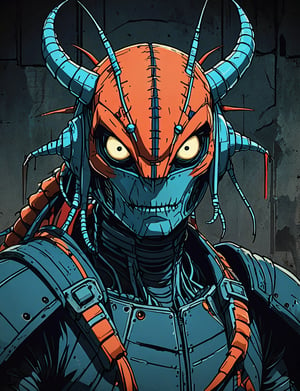 (close up, head and shoulders portrait:1.5), red, orange, blue gradient ,(anthropomorphic centipede robot :1.5), (angular shapes:1.7), samurai, wearing samurai armor, (strong outline sketch style:1.5), symmetrical features, gritty fantasy, (darkest dungeon art style :1.4), dark muted background, detailed, one_piece_wano_style, Dark Manga of,anime screencap,Dark Anime of