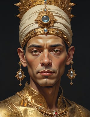 A male, a robot sultan, face made of pure gold, gold golem , turban on head, precious jewels, dark background, head and shoulders portrait , hyper-detailed oil painting, art by Greg Rutkowski and (art by Norman Rockwell:1.5) , illustration style, symmetry , sci-fi interior setting 