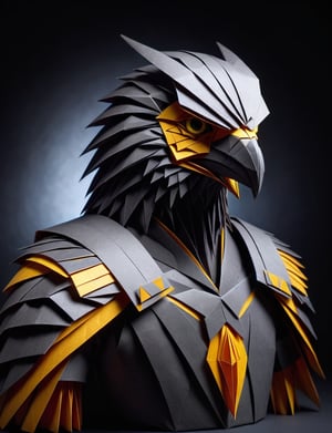 (head and shoulders portrait:2.5), (angry glaring villian paper eagle warrior :2), menacing expression, wearing paper armor , made out of folded paper, origami,  light and delicate tones, clear contours, cinematic quality, dark background, highly detailed, chiaroscuro, ral-orgmi