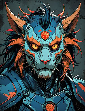 (close up, head and shoulders portrait:1.5), red, orange, blue gradient ,(anthropomorphic manticore biomechanical robot :1.5), (angular shapes:1.7), samurai, wearing samurai armor, (strong outline sketch style:1.5), symmetrical features, gritty fantasy, (darkest dungeon art style :1.4), dark muted background, detailed, Dark Manga of