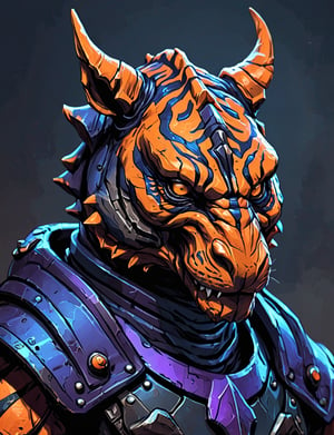 (close up, head and shoulders portrait:1.3), orange and black gradient , (anthromorphic tiger triceritops :1.6), wearing blue and violet sci-fi polycarbonate armor, (strong outline sketch style:1.5), gritty fantasy, (darkest dungeon art style :1.4), dark muted background, detailed