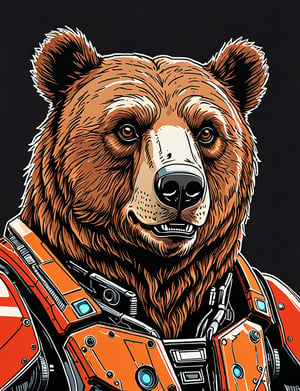(close up, head and shoulders portrait:1.5), An extremely detailed (1970s retro-future:1.2) anthropomorphic grizzly bear robot, centered, (strong outline sketch style:1.3), dark background, red, orange, black and white tones, muted colors, detailed, comic book