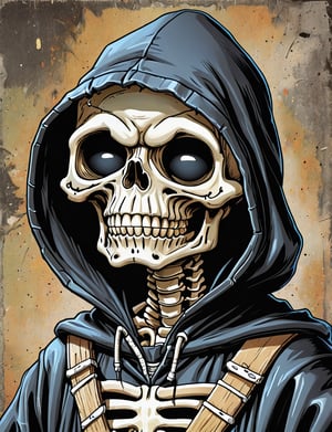 (close up, head and shoulders portrait:1.5), An extremely detailed 1980s (cartoon caricature:1.5), (oversized head caricature:1.3), anthropomorphic skeleton , black robes and hood, grunge , dystopian, in the style of garbage pail kids