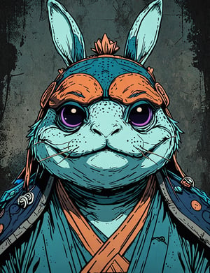 (close up, head and shoulders portrait:1.5), orange, teal, blue, violet gradient , (anthromorphic rabbit toad :1.5), samurai, wearing samurai armor, (strong outline sketch style:1.5), symmetrical features, gritty fantasy, (darkest dungeon art style :1.4), dark muted background, detailed,one_piece_wano_style,Dark Manga of