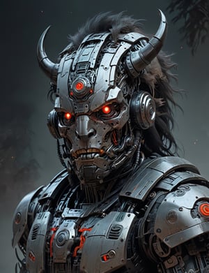 A male, (cybernetic robot:3), biomechanical, (bison:3) , wearing intricate necromancer armor . red eyes, Best quality rendering, serious face expression. Dark night,cinematic lighting,dark art ,Fog, head and shoulders portrait , hyper-detailed oil painting, art by Greg Rutkowski and (Norman Rockwell:1.5) , illustration style, symmetry , sci-fi interior setting , huayu