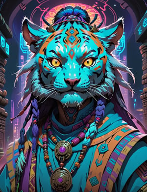 1male:3, anthropomorphic tiger, Churnstyle,cyberpunk,tarot card,4K UHD,studio ghibli style,neo-aztec,high-tech lowlife, ,nocturne,breakdomain,portraitart,portrait art style