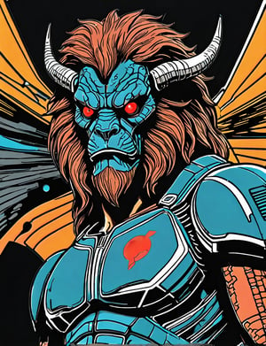 (close up, head and shoulders portrait:1.5), An extremely detailed 1970s retro-future anthropomorphic (darkseid :1.2) (manticore :1.4) robot, centered, (strong outline sketch style:1.5), (flat silkscreen art style:1.9), (solid dark background:1.2), (retro color scheme), masterpiece, epic, by pascal blanche rutkowski repin artstation painting concept art of detailed character design matte painting, 4 k resolution blade runner, dark muted background, detailed, comic book,dcas_lora