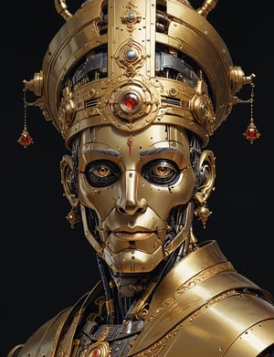 A male, a (robot sultan:3), face made of pure gold, gold golem , turban on head, precious jewels, dark background, head and shoulders portrait , hyper-detailed oil painting, art by Greg Rutkowski and (art by Norman Rockwell:1.5) , illustration style, symmetry , sci-fi interior setting 