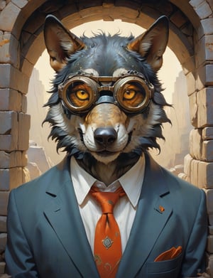 creative magic creature art, creature fusion ( wolf :1.4) (grasshopper :1.8), (goggles :2), wearing business suit, glowing eyes, head and shoulders portrait , hyper-detailed oil painting, art by Greg Rutkowski and (Norman Rockwell:1.5) , illustration style, symmetry , inside a medieval dungeon, cracked stone walls , huayu
