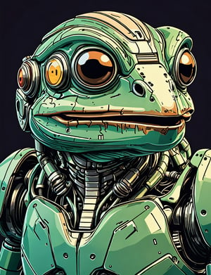 (close up, head and shoulders portrait:1.5), An extremely detailed (1970s retro-future:1.2) anthropomorphic eagle frog robot, centered, (strong outline sketch style:1.3), dark background, muted colors, detailed, comic book