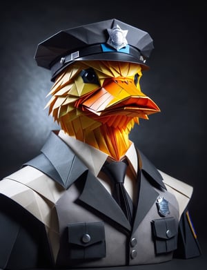 (head and shoulders portrait:2.5), (angry glaring villian paper duck police :2), menacing expression, wearing paper armor , made out of folded paper, origami,  light and delicate tones, clear contours, cinematic quality, dark background, highly detailed, chiaroscuro, ral-orgmi
