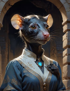 creative magic creature art, creature fusion ( raven :1.6) (rat :1.8), female, prominent eyelashes, (bioluminescence :2), wearing business blouse , glowing eyes, head and shoulders portrait , hyper-detailed oil painting, art by Greg Rutkowski and (Norman Rockwell:1.5) , illustration style, symmetry , inside a medieval dungeon, cracked stone walls , huayu