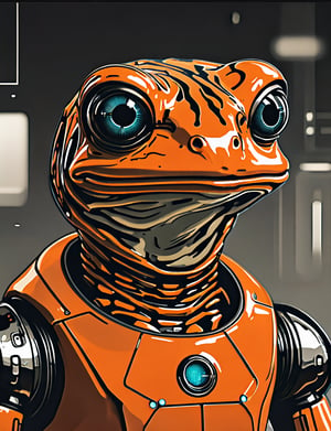 (close up, head and shoulders portrait:1.5), An extremely detailed 1970s retro-future anthropomorphic (frog:1.2) (tiger:1) robot, centered, (strong outline sketch style:1.5), (flat silkscreen art style:1.4), minimal dark geometric background, red, orange, black and white tones, masterpiece, epic, sharp focus,, by pascal blanche rutkowski repin artstation painting concept art of detailed character design matte painting, 4 k resolution blade runner, dark muted background, detailed, comic book,dcas_lora