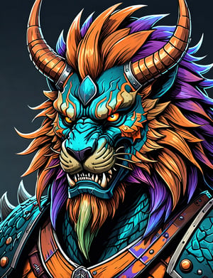 (close up, head and shoulders portrait:1.5), orange, teal, blue, violet gradient , (anthromorphic manticore :1.5), samurai wearing samurai armor, (strong outline sketch style:1.5), symmetrical features, gritty fantasy, (darkest dungeon art style :1.4), dark muted background, detailed