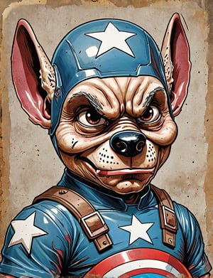 (close up, head and shoulders portrait:1.5), An extremely detailed 1980s (cartoon caricature:1.5), (oversized head caricature:1.3), anthropomorphic aardvark  , wearing super hero captain America suit , grunge , dystopian, in the style of garbage pail kids