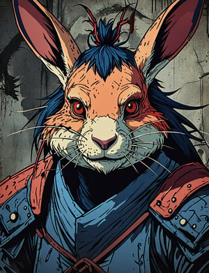 (close up, head and shoulders portrait:1.5), red, orange, blue, violet gradient ,(anthromorphic razorback reptile rabbit:1.5), samurai, wearing samurai armor, (strong outline sketch style:1.5), symmetrical features, gritty fantasy, (darkest dungeon art style :1.4), dark muted background, detailed, one_piece_wano_style, Dark Manga of,anime screencap,Dark Anime of