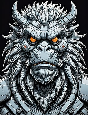 (close up, head and shoulders portrait:1.5), An extremely detailed (1970s retro-future:1.2) anthropomorphic yeti dragon robot, centered, (strong outline sketch style:1.3), dark background, muted colors, detailed, comic book