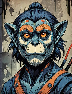 (close up, head and shoulders portrait:1.5), violet, orange, blue gradient ,(anthropomorphic bengal langur :1.5), (angular shapes:1.7), samurai, wearing samurai armor, (strong outline sketch style:1.5), symmetrical features, gritty fantasy, (darkest dungeon art style :1.4), dark muted background, detailed, Dark Manga of,Dark Anime of,comic book