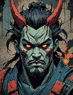 (close up, head and shoulders portrait:1.5), colorful ,(akuma:1.5), (angular shapes:1.7), samurai, wearing samurai armor, (strong outline sketch style:1.5), symmetrical features, gritty fantasy, (darkest dungeon art style :1.4), dark muted background, detailed, Dark Manga of,Dark Anime of,comic book