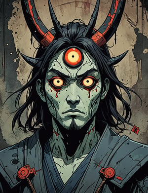 (close up, head and shoulders portrait:1.5), colorful ,(samurai jack slug eye stalks:1.5), (angular shapes:1.7), samurai, wearing samurai armor, (strong outline sketch style:1.5), symmetrical features, gritty fantasy, (darkest dungeon art style :1.4), dark muted background, detailed, Dark Manga of,Dark Anime of,comic book