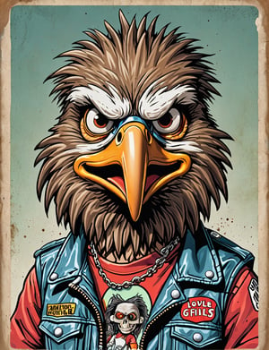 (close up, head and shoulders portrait:1.5), An extremely detailed 1980s (cartoon caricature:1.5), (oversized head caricature:1.3), (anthropomorphic eagle:1.4) , wearing biker gang outfit , grunge , dystopian, in the style of garbage pail kids