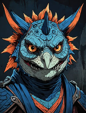 (close up, head and shoulders portrait:1.5), red, orange, blue, violet gradient ,(anthromorphic triceratops owl:1.5), samurai, wearing samurai armor, (strong outline sketch style:1.5), symmetrical features, gritty fantasy, (darkest dungeon art style :1.4), dark muted background, detailed, one_piece_wano_style, Dark Manga of,anime screencap,Dark Anime of