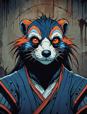 (close up, head and shoulders portrait:1.5), red, orange, blue, violet gradient ,(anthromorphic skunk :1.5), samurai, wearing samurai armor, (strong outline sketch style:1.5), symmetrical features, gritty fantasy, (darkest dungeon art style :1.4), dark muted background, detailed, one_piece_wano_style, Dark Manga of,anime screencap