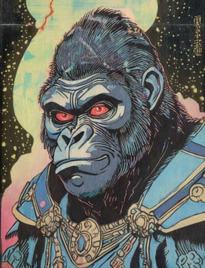 (head and shoulders portrait:1.2), (anthropomorphic gorilla :1.3) as a warrior , zorro mask, holographic glowing eyes, wearing sci-fi outfit , surreal fantasy, close-up view, chiaroscuro lighting, no frame, hard light,Ukiyo-e
