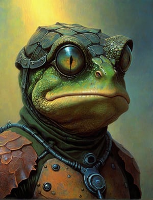 (head and shoulders portrait:1.2), (anthropomorphic poisonous dragon toad:1.4) neuromancer , wearing power armor outfit , surreal fantasy, close-up view, chiaroscuro lighting, no frame, hard light, art by Zdzisław Beksiński,digital artwork by Beksinski