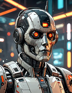 (close up, head and shoulders portrait:1.5), An extremely detailed 1970s retro-future robot, centered, 1970s minimal geometric background, red, orange, black and white tones, masterpiece, epic, sharp focus, emitting diodes, smoke, artillery, sparks, racks, system unit, motherboard, by pascal blanche rutkowski repin artstation hyperrealism painting concept art of detailed character design matte painting, 4 k resolution blade runner, dark muted background, detailed, comic book