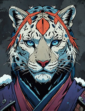 (close up, head and shoulders portrait:1.5), red, orange, blue, violet gradient ,(anthromorphic snow leopard :1.5), samurai, wearing samurai armor, (strong outline sketch style:1.5), symmetrical features, gritty fantasy, (darkest dungeon art style :1.4), dark muted background, detailed, one_piece_wano_style, Dark Manga of,anime screencap