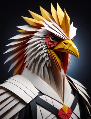 (head and shoulders portrait:2.5), (angry glaring villian paper chicken warrior :2), menacing expression, wearing paper armor , made out of folded paper, origami,  light and delicate tones, clear contours, cinematic quality, dark background, highly detailed, chiaroscuro, ral-orgmi