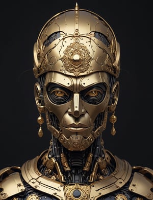 A male, a (robot sultan:3), face made of pure gold, gold golem , turban on head, precious jewels, dark background, head and shoulders portrait , hyper-detailed comic book art style , illustration style, art by Darius Puia BakaArts, symmetry , sci-fi interior setting 